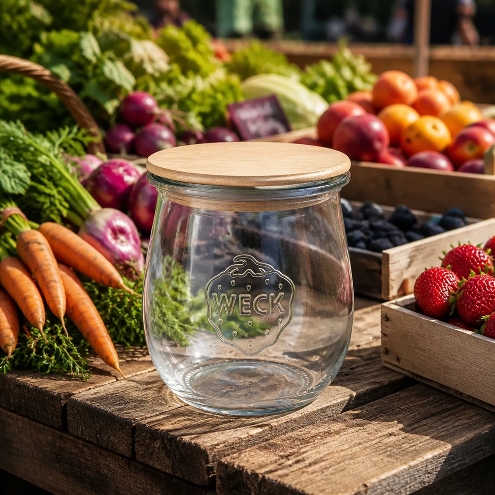 WECK Tulpenglas 220ml RR60 mit Bambusdeckel auf Holzbrett zwischen frischem Marktgemüse und Obst - Nachhaltiges Vorratsg