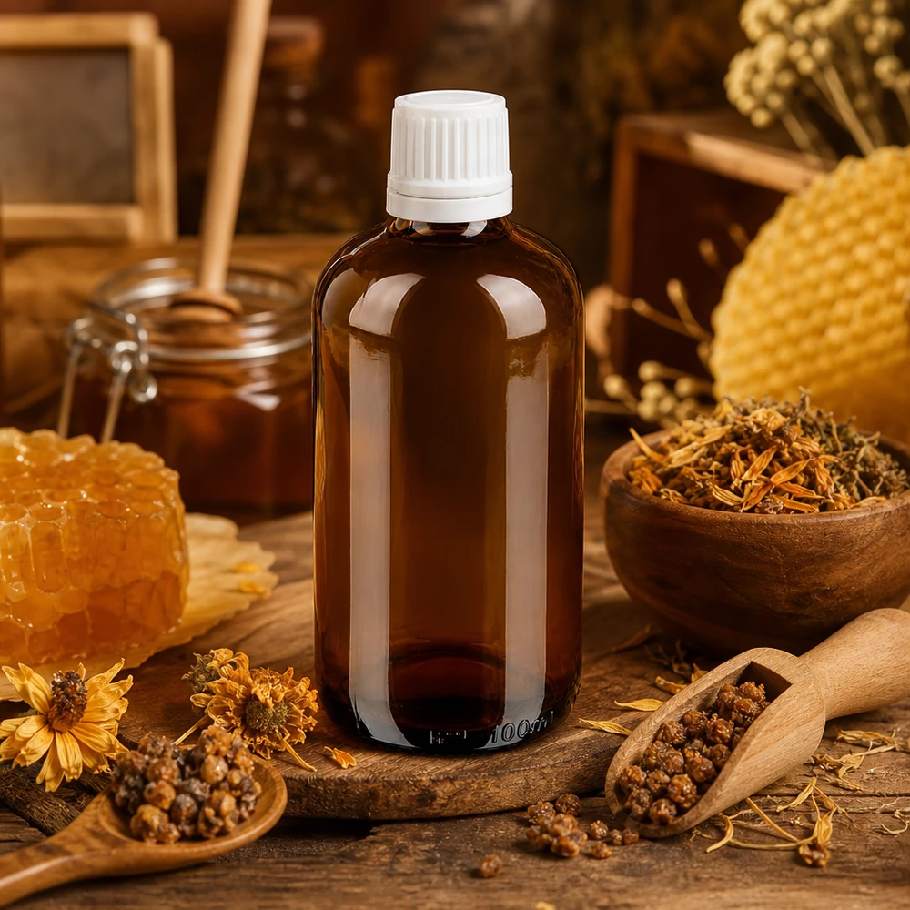 Braunglas Apothekerflasche 100ml mit weißem 11mm Verschluss im natürlichen Kräuter-Honig-Ambiente