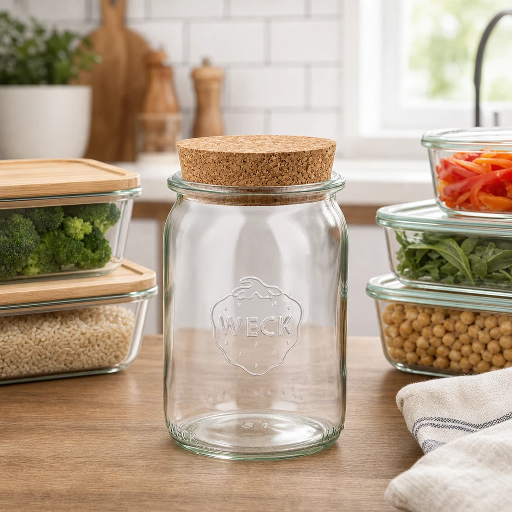 145ml Zylinderglas WECK RR40 mit Korken natur WECK 145ml Zylinderglas RR40 mit Korkdeckel in moderner Küche umgeben von Glasbehältern mit Gemüse und Hülsenfrüchten