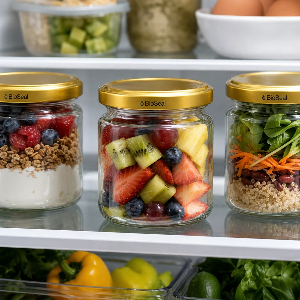 53ml Rundglas mit BioSeal Deckel gold UNiTWIST UNiTWIST Runda53 Gläser mit goldenem TO43 BioSeal Deckel im Kühlschrank für Meal Prep mit Früchten und Salat