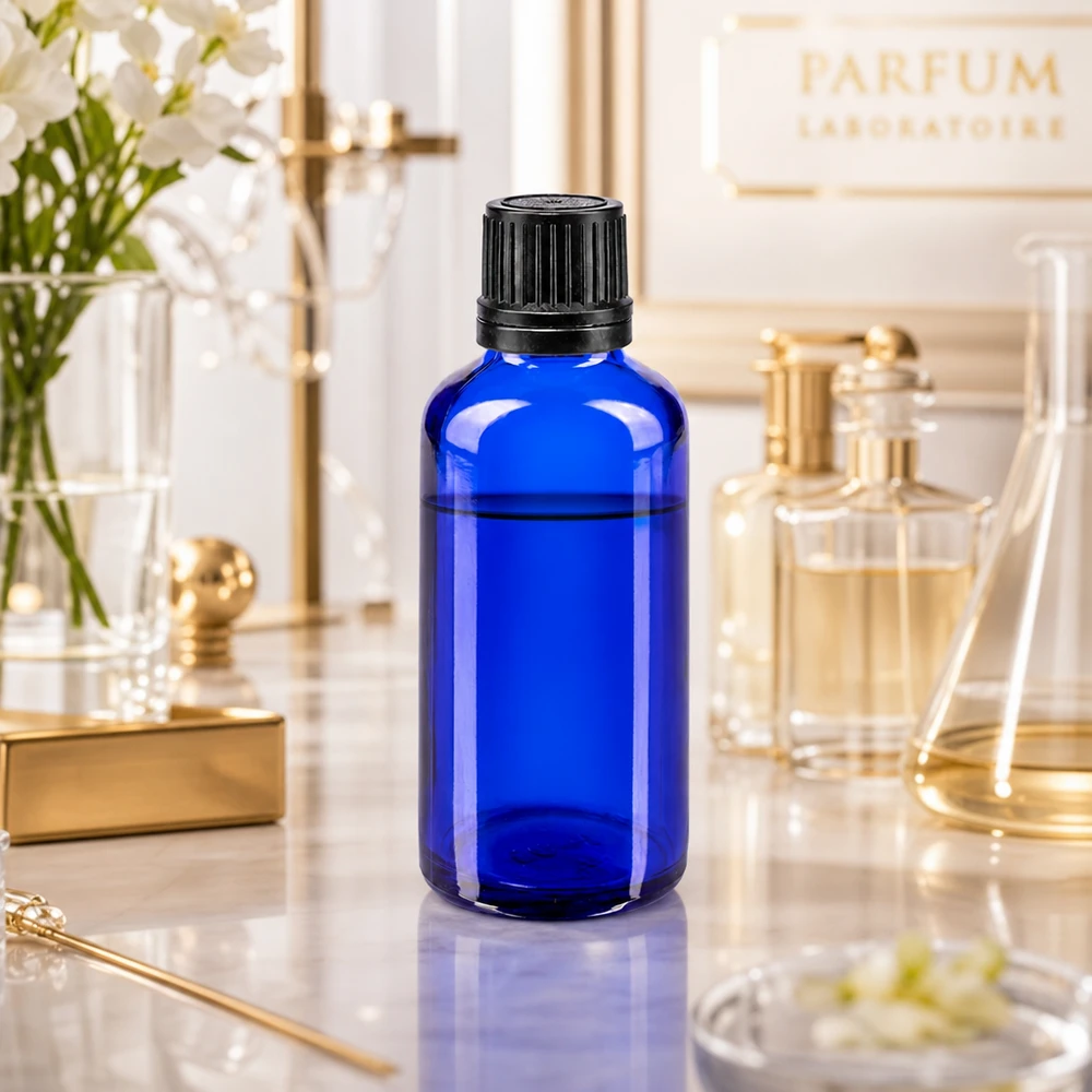 Apothekenflasche blau 50ml Tropfverschluss Giessring 1mm schwarz Originalitätsverschluss Professionelle 50ml Dosierflasche aus blauem Apothekerglas mit schwarzem Originalitätsverschluss