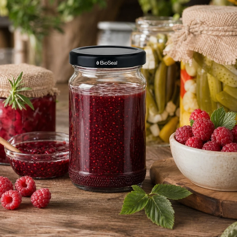 110ml Rundglas + BioSeal Deckel schwarz UNiTWIST UNiTWIST Runda110 mit Himbeergelee und schwarzem TO48 BioSeal Deckel auf rustikalem Holztisch mit frischen Himbeeren