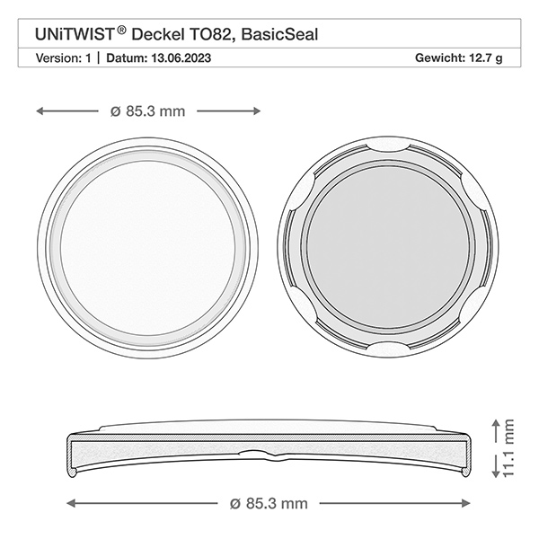 230ml Sturzglas + BasicSeal Deckel Bienenwabe UNiTWIST Technische Zeichnung des weißen BioSeal Deckels T082 mit Maßangaben 85,3mm Durchmesser und 11,1mm Höhe