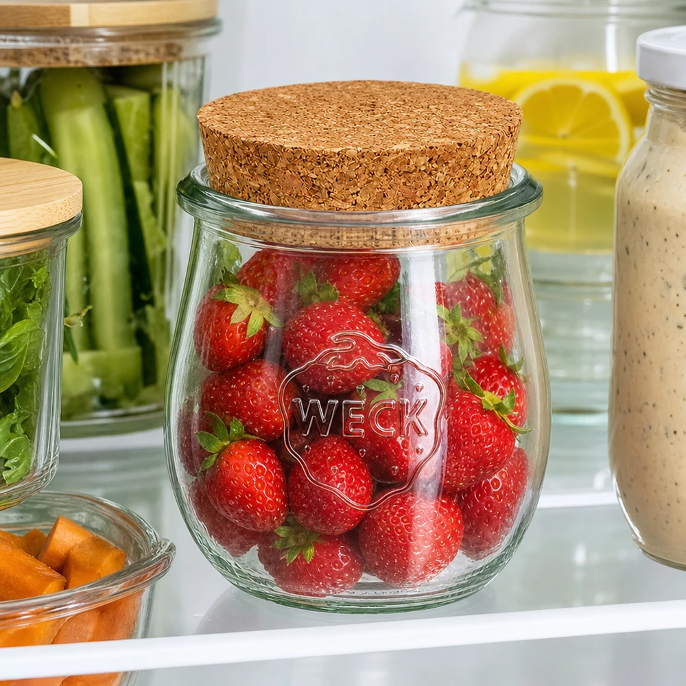 220ml Tulpenglas WECK RR60 mit Korken natur WECK Tulpenglas 220ml mit Korkdeckel zur Aufbewahrung frischer Erdbeeren im Kühlschrank zwischen anderen Vorratsgläsern