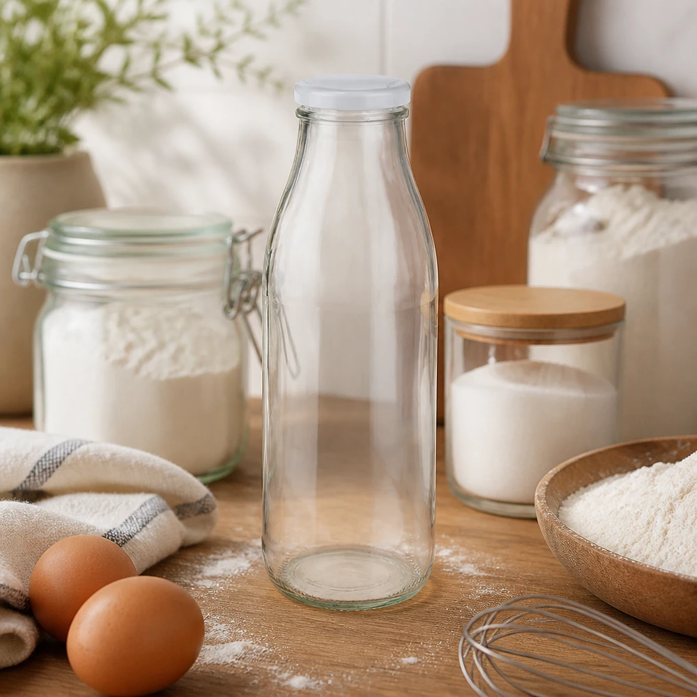 500ml Glasflasche BasicSeal weiß in Küche mit Backzutaten Mehl Eiern und Küchengeräten Backen-Ambiente