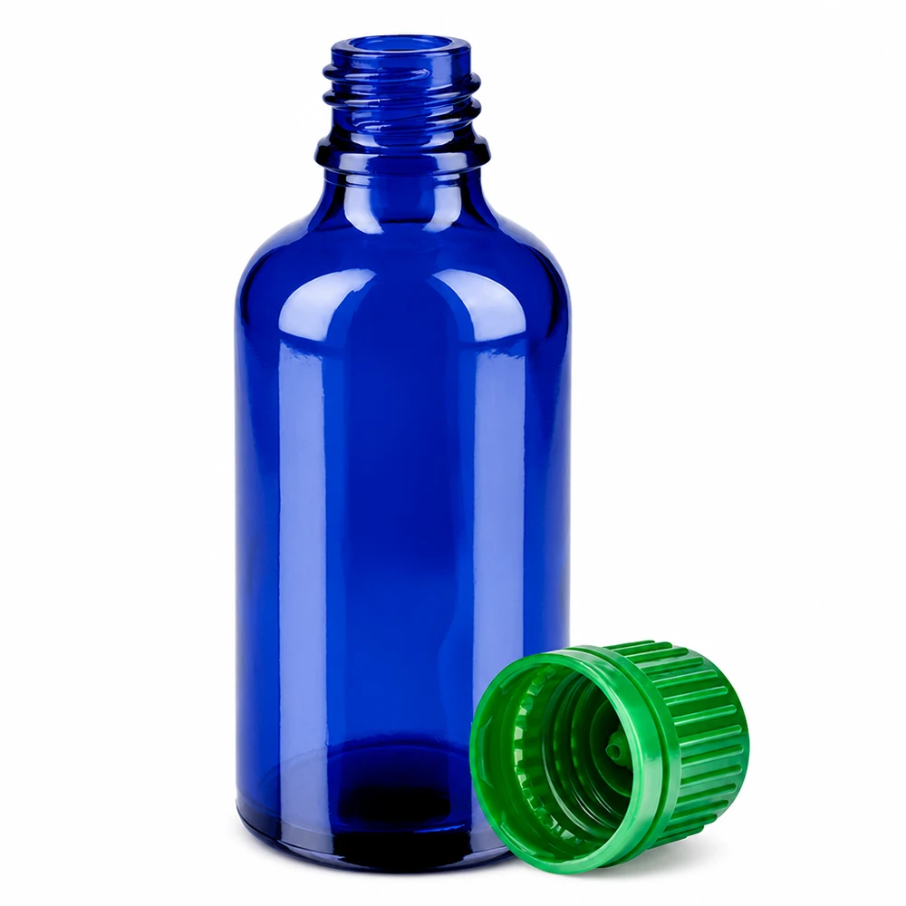 50ml Flasche 11mm Schraubverschluss grün Originalitätsverschluss BlueLine UT18/50 Kompakte blaue 50ml Flasche mit grünem Deckel ideal für Reise und unterwegs