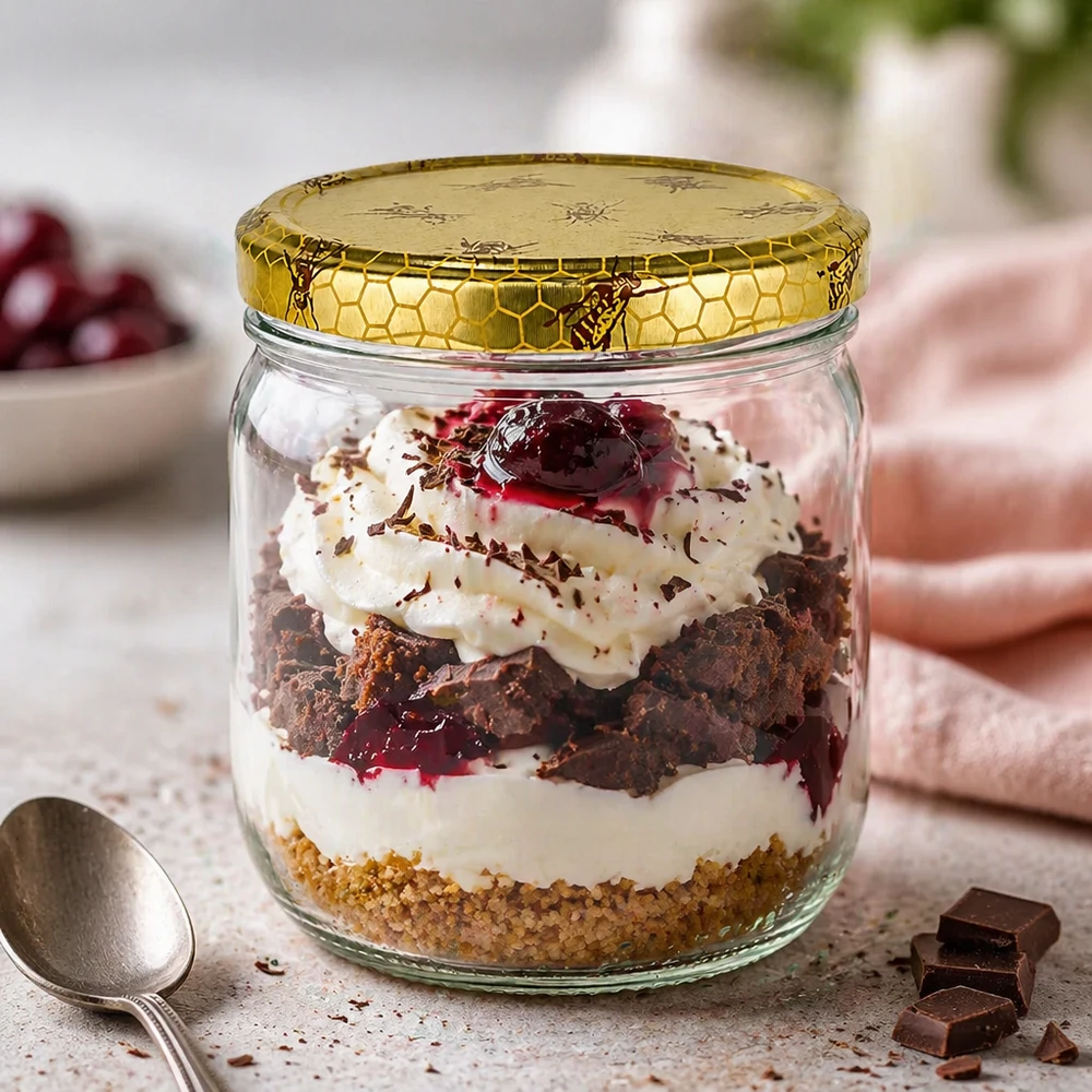 500g Honigglas mit Bienenwabe Deckel BasicSeal UNiTWIST 500g Honigglas als Dessertglas für Schoko-Kirsch-Trifle mit Sahne und goldenem Bienenwaben-Deckel