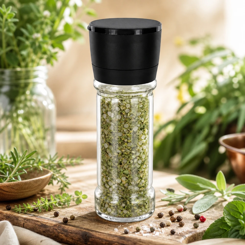 Salz-/Gewürzglas 100ml mit Mühle Vario schwarz Befüllbare Kräutermühle 100ml aus Glas mit schwarzem Kunststoffaufsatz in mediterraner Umgebung
