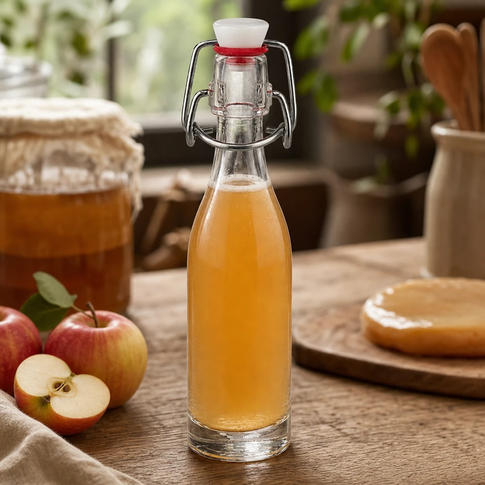 50ml Glasflasche und Bügelverschluss PVC UNiTWIST 50ml Glasflasche mit Bügelverschluss gefüllt mit Apfelsaft neben frischen Äpfeln auf rustikalem Holztisch