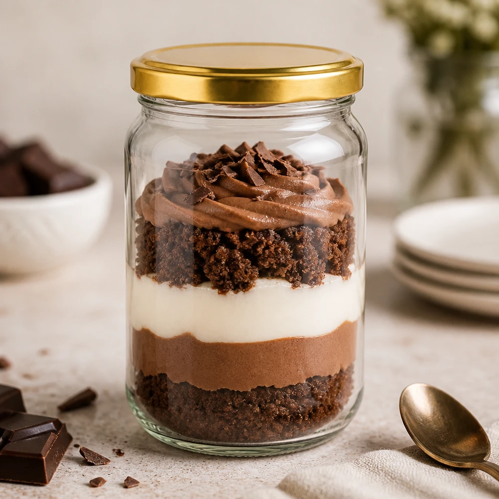 305ml Rundglas BasicSeal UNiTWIST gold gefüllt mit Schokoladendessert - Einmachglas für süße Nachspeisen und Trifle