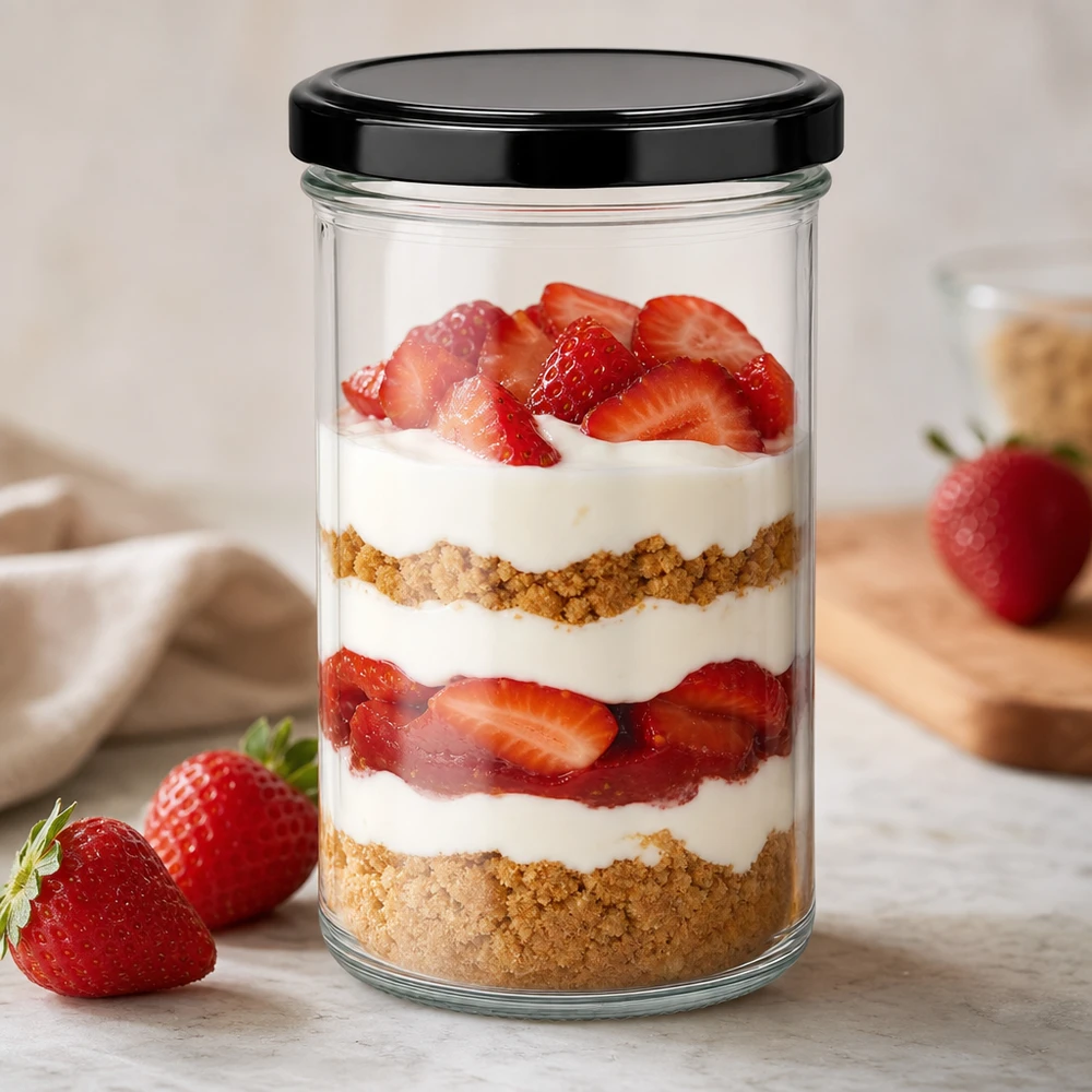 277ml Sturzglas als Dessertglas für Erdbeer-Tiramisu mit BasicSeal Deckel schwarz Schichtdessert im Glas