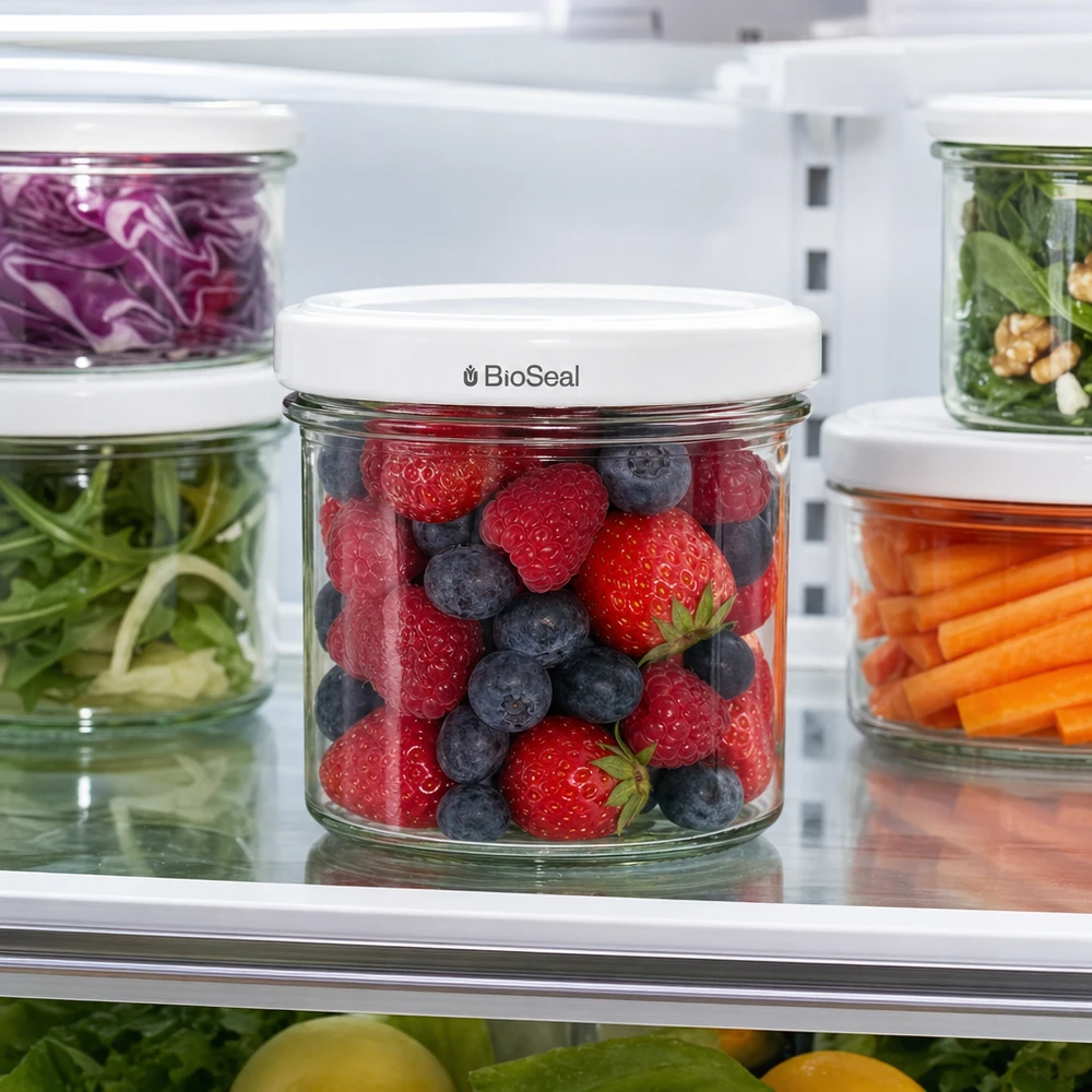125ml Sturzglas mit BioSeal Deckel weiß UNiTWIST UNiTWIST Sturzglas 125ml Beeren Erdbeeren Heidelbeeren Kühlschrank frisch TO66 BioSeal weiß Deckel Glas