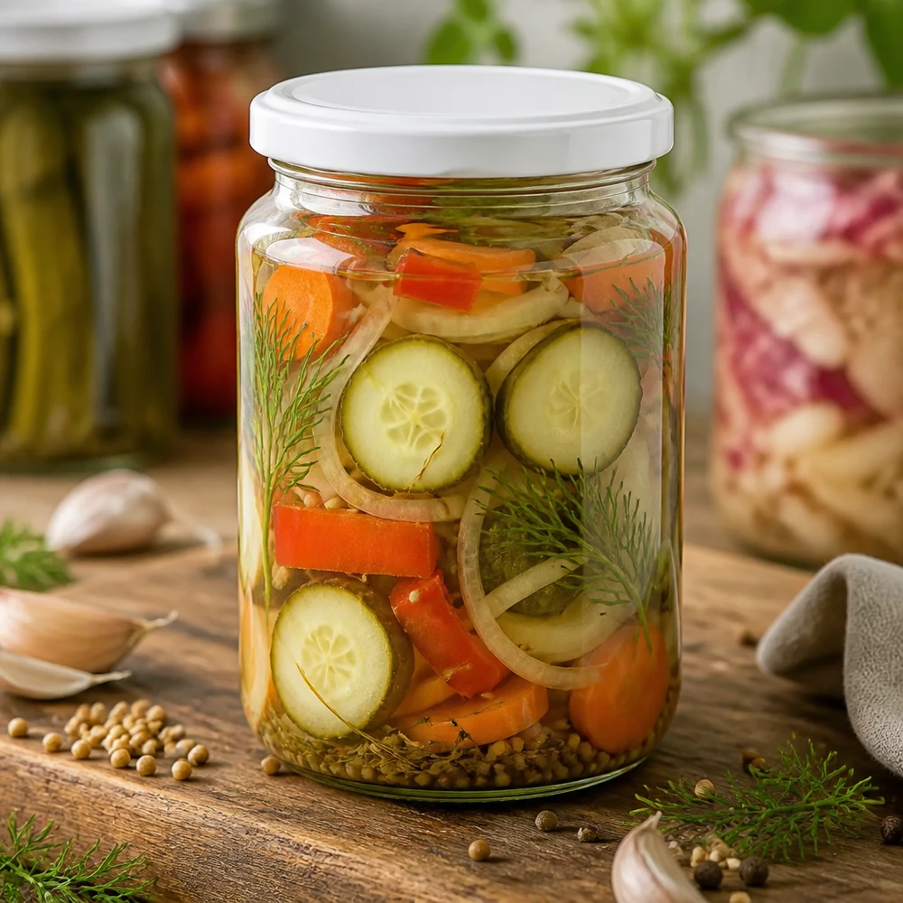 795ml Rundglas mit BasicSeal Deckel weiß UNiTWIST 795ml Rundglas gefüllt mit eingelegtem Gemüse zeigt praktische Verwendung für Konservierung und Meal Prep