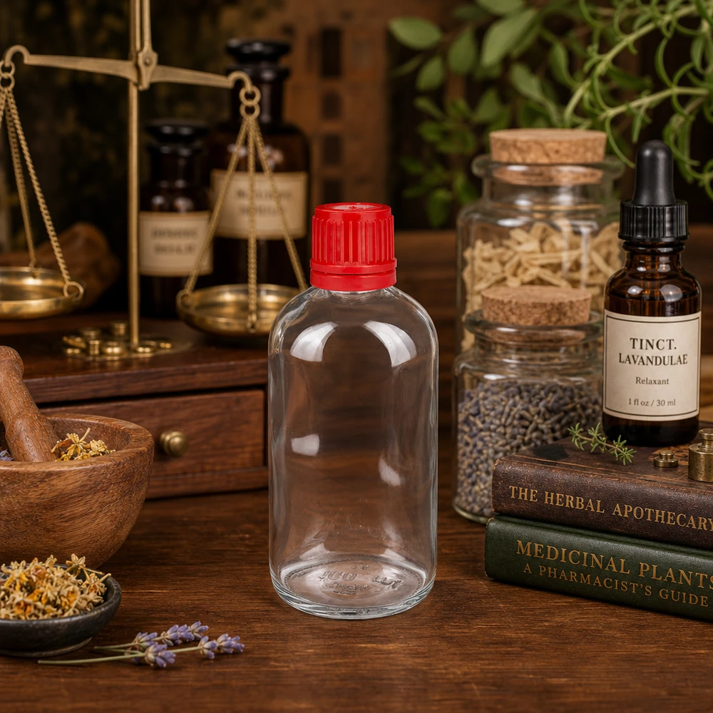 100ml Flasche 11mm Schraubverschluss rot Originalitätsverschluss ClearLine UT18/100 Zylindrische 100ml Glasflasche UT18 roter Verschluss umgeben von getrockneten Heilpflanzen und Kräutern