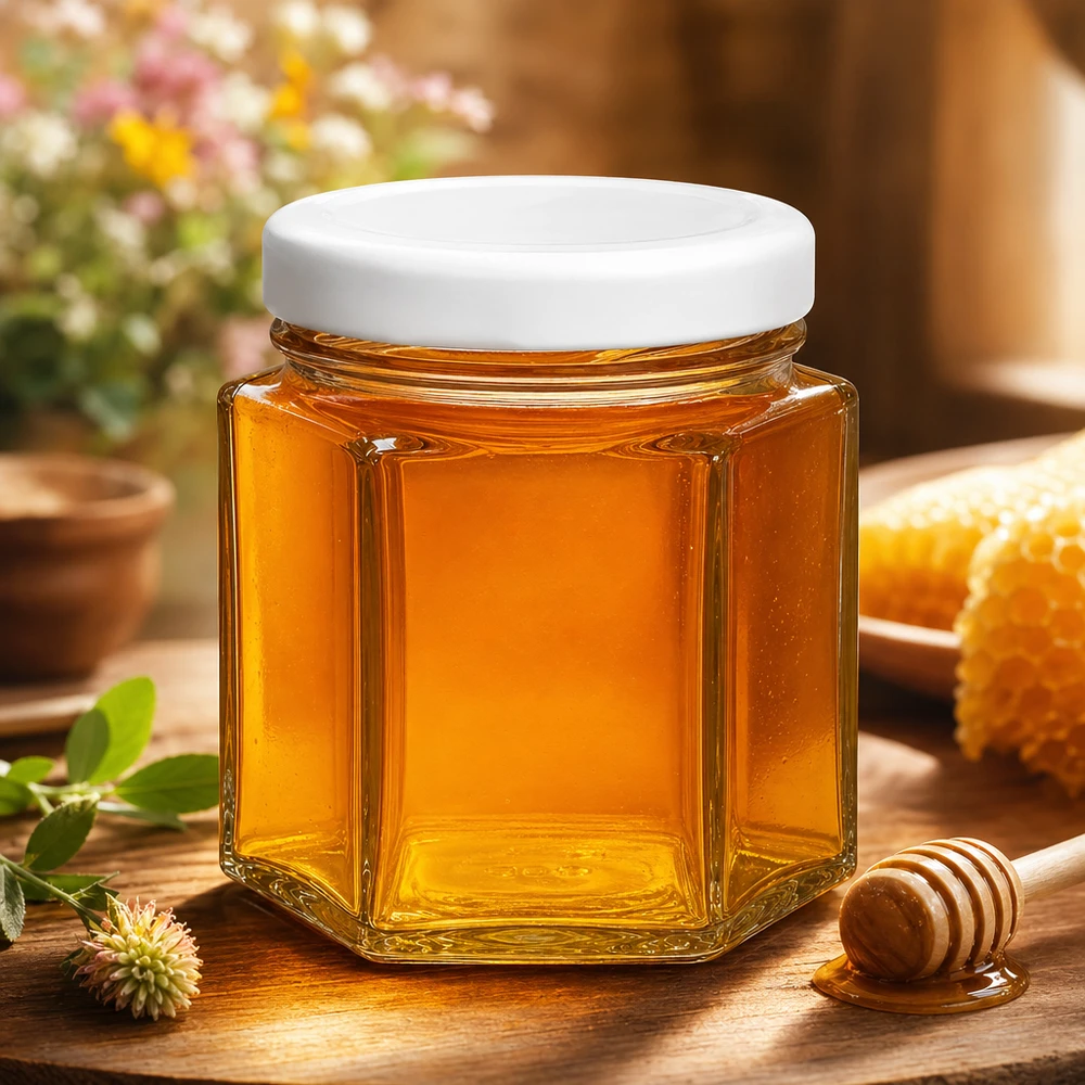 47ml Hexaglas mit BasicSeal Deckel weiß UNiTWIST 47ml Hexaglas mit BasicSeal Deckel gefüllt mit Honig neben Honiglöffel und Bienenwabe auf Holztisch