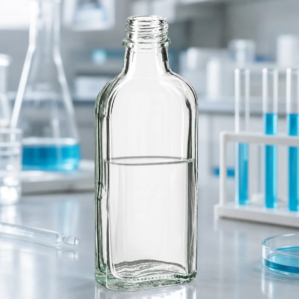 100 ml Meplatflasche klar DIN22 Halbgefüllte 100 ml Meplatflasche klar DIN22 zwischen Erlenmeyerkolben und Petrischale