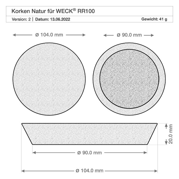 1500ml Sturzglas WECK RR100 mit Korken natur Technische Zeichnung WECK Korken natur für RR100 Glas mit Maßangaben Durchmesser 104mm und 90mm Höhe 20mm
