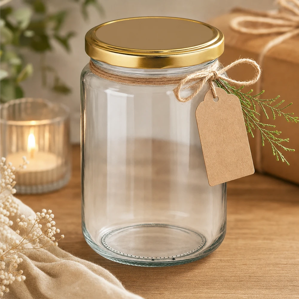 382ml Rundglas mit BasicSeal Deckel gold UNiTWIST 382ml Rundglas mit goldenem UNiTWIST Deckel dekorativ arrangiert mit Geschenkanhänger und Juteschnur