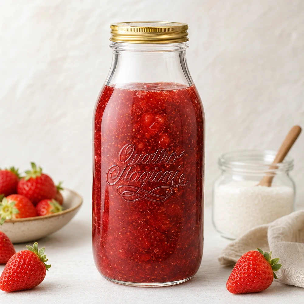 1000ml Glasflasche "Quattro Stagioni" mit Deckel Quattro Stagioni 1000ml Glasflasche mit Erdbeermarmelade gefüllt, umgeben von frischen Erdbeeren und Milchglas