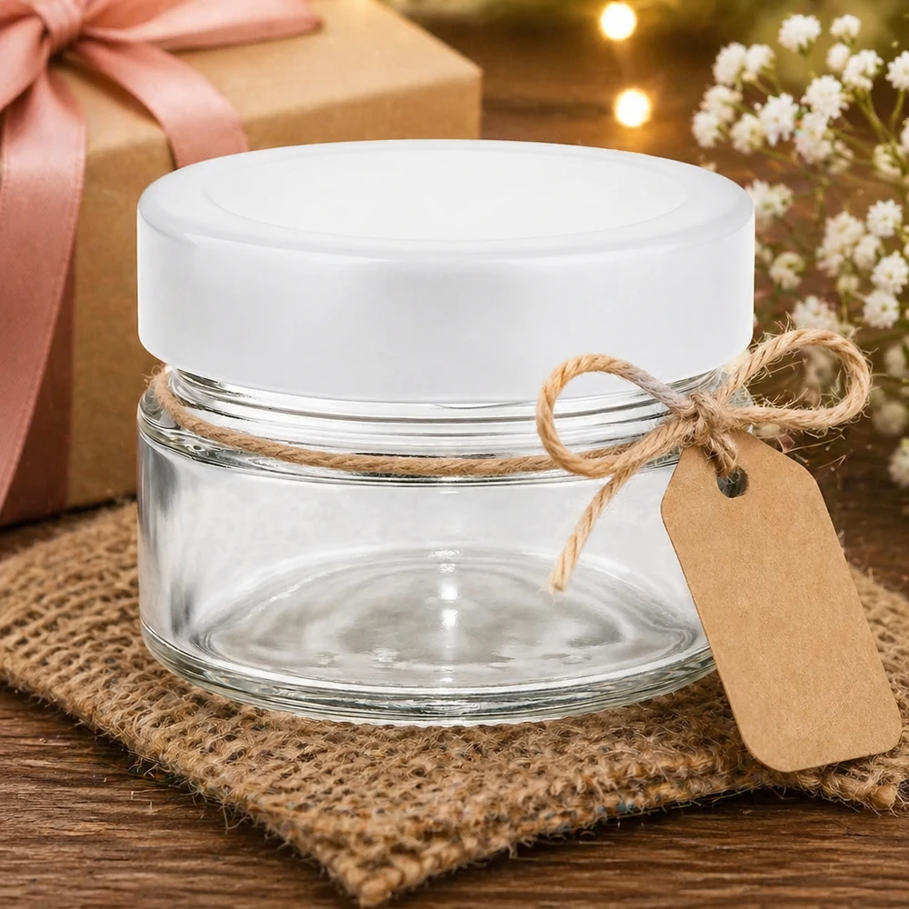 80ml Rundglas mit BasicSeal Deckel weiß deep UNiTWIST 80ml Rundglas mit weißem Deckel dekorativ präsentiert mit Geschenkverpackung und Juteseil-Banderole