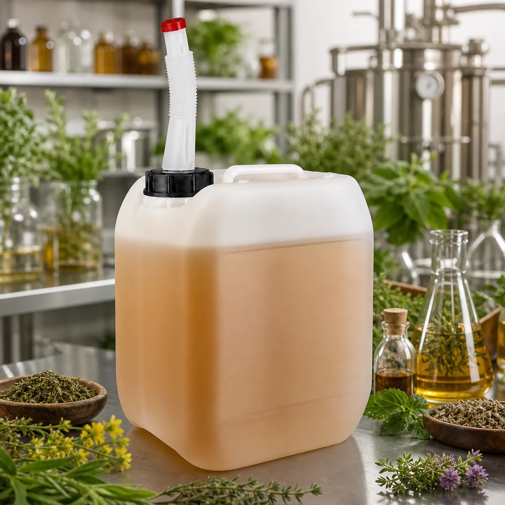 Kanister 5 Liter mit Auslaufrohr Flex Kompakter 5L Kanister mit Auslaufrohr neben Glaskolben und Naturpflanzen im Hintergrund