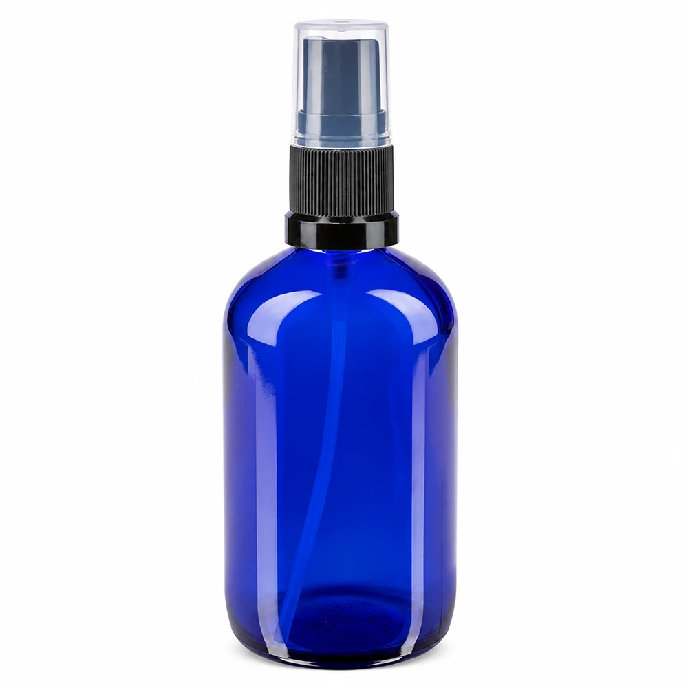 UV-Schutz Glassprayflasche 100ml in Blau mit schwarzem Standardzerstäuber für Pharmaprodukte