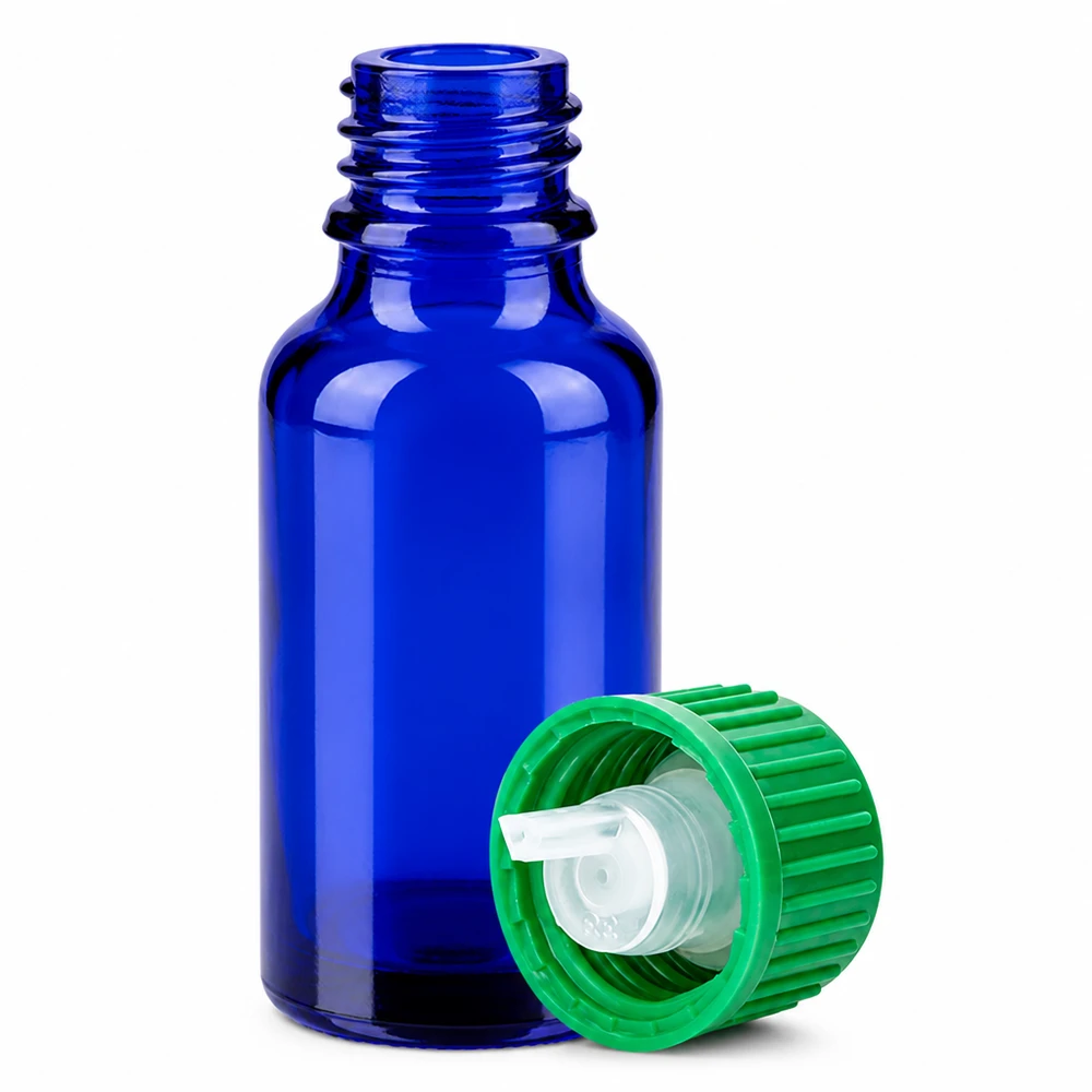 20ml Tropfflasche 0.8mm grün Standardverschluss BlueLine UT18/20 20ml blaue Apothekerflasche mit grünem Tropfdeckel 0.8mm Öffnung BlueLine Qualität