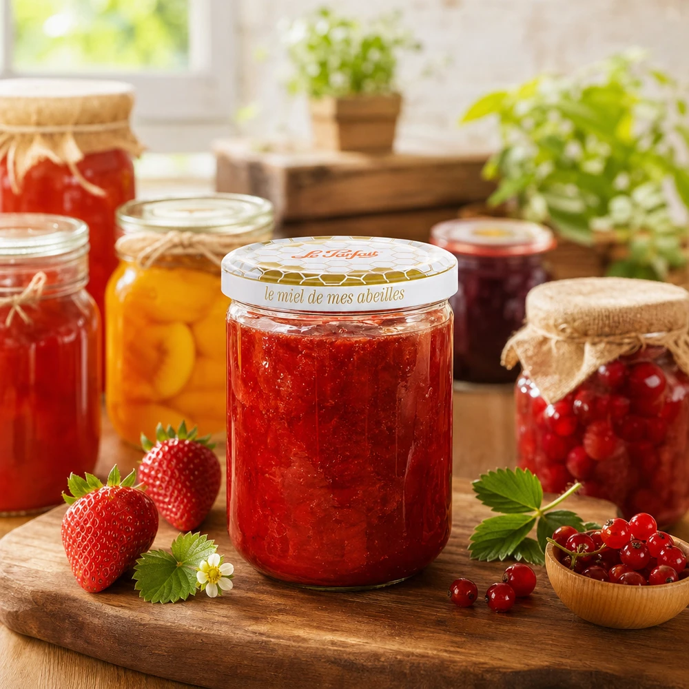212ml Vorratsglas "Honey" mit Schraubdeckel Le Parfait® Le Parfait Honey Vorratsglas 212ml gefüllt mit roter Marmelade neben frischen Erdbeeren und anderen Einmachgläsern