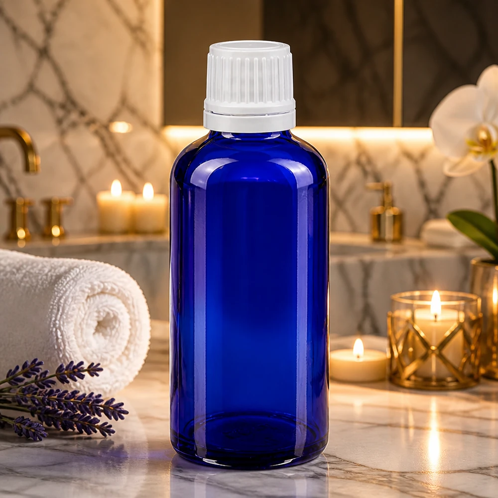 Apothekenflasche blau 50ml Schraubverschluss weiß Originalitätsverschluss 50ml blaue Apothekerflasche mit weißem OV neben Handtuch und Duftkerzen