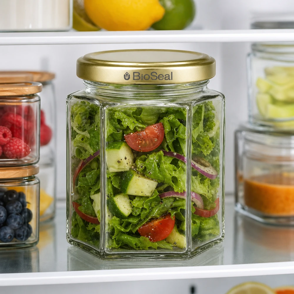 250g Honigglas mit goldenem Deckel BioSeal UNiTWIST 250g BioSeal Honigglas mit Salat gefüllt goldener Deckel Kühlschrank Meal Prep Aufbewahrung Vorratsglaser Küche