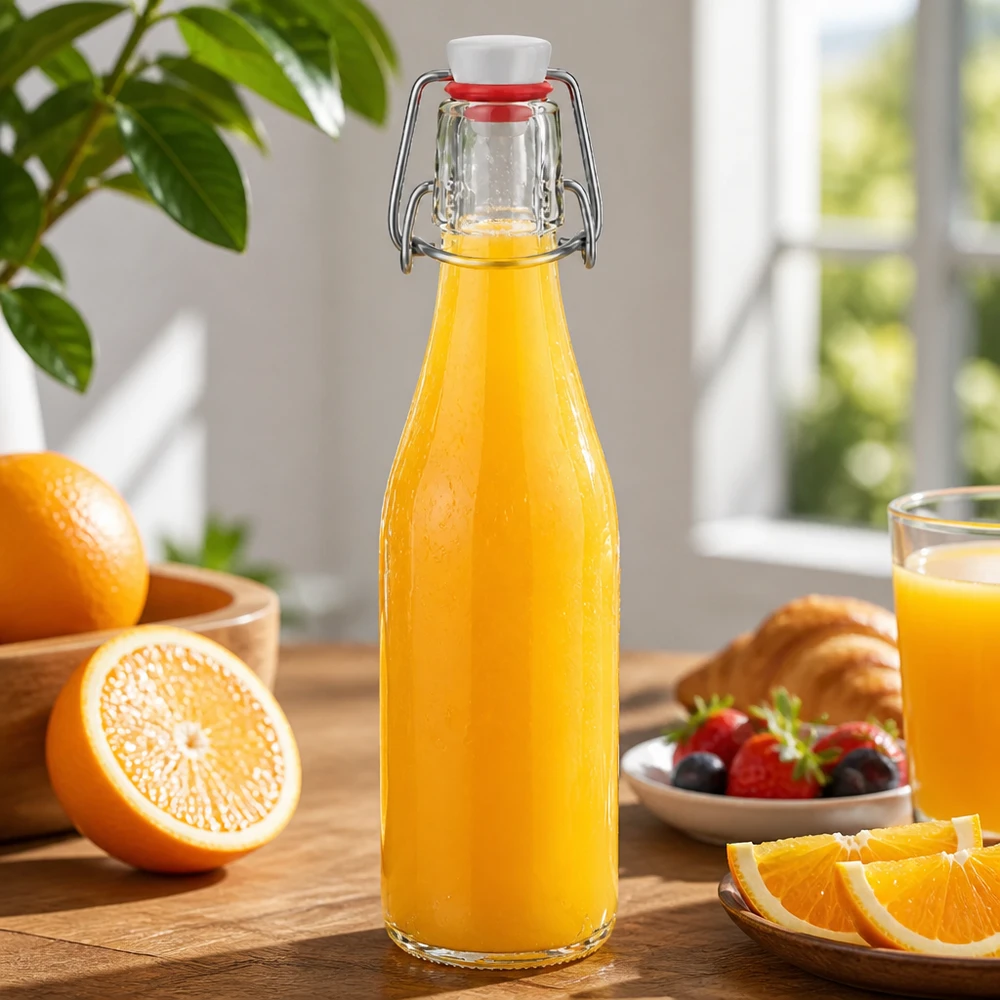 250ml Glasflasche und Bügelverschluss PVC UNiTWIST 250ml Glasflasche mit Bügelverschluss gefüllt mit Orangensaft, dekorative Küchenszene mit frischen Orangen und Beeren