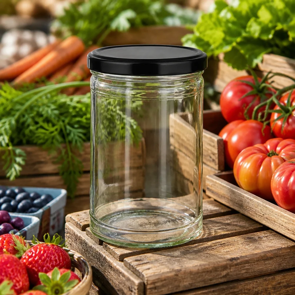 1053ml Sturzglas mit BasicSeal Deckel schwarz UNiTWIST Leeres 1053ml Sturzglas mit schwarzem Deckel auf Holzbrett umgeben von frischem Gemüse Tomaten Karotten Erdbeeren