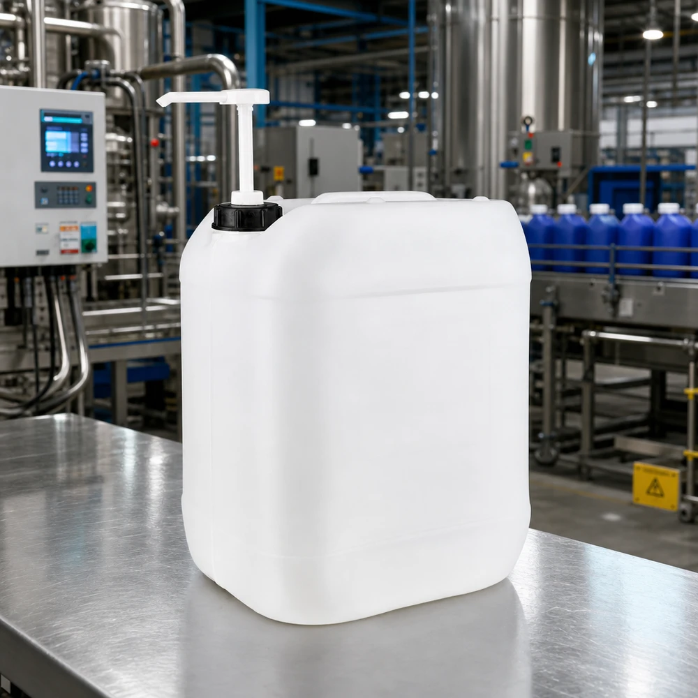 Milchweißer Vorratsbehälter 20 Liter mit Dosierpumpe in professioneller Produktionsumgebung