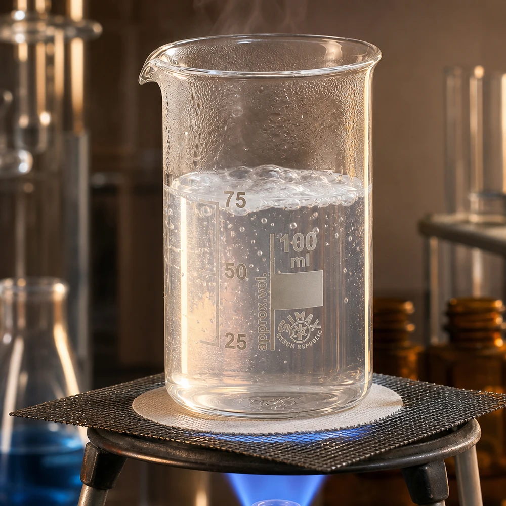 Graduiertes Laborglas 100ml hohe Form mit siedender Flüssigkeit bei 75ml Füllstand