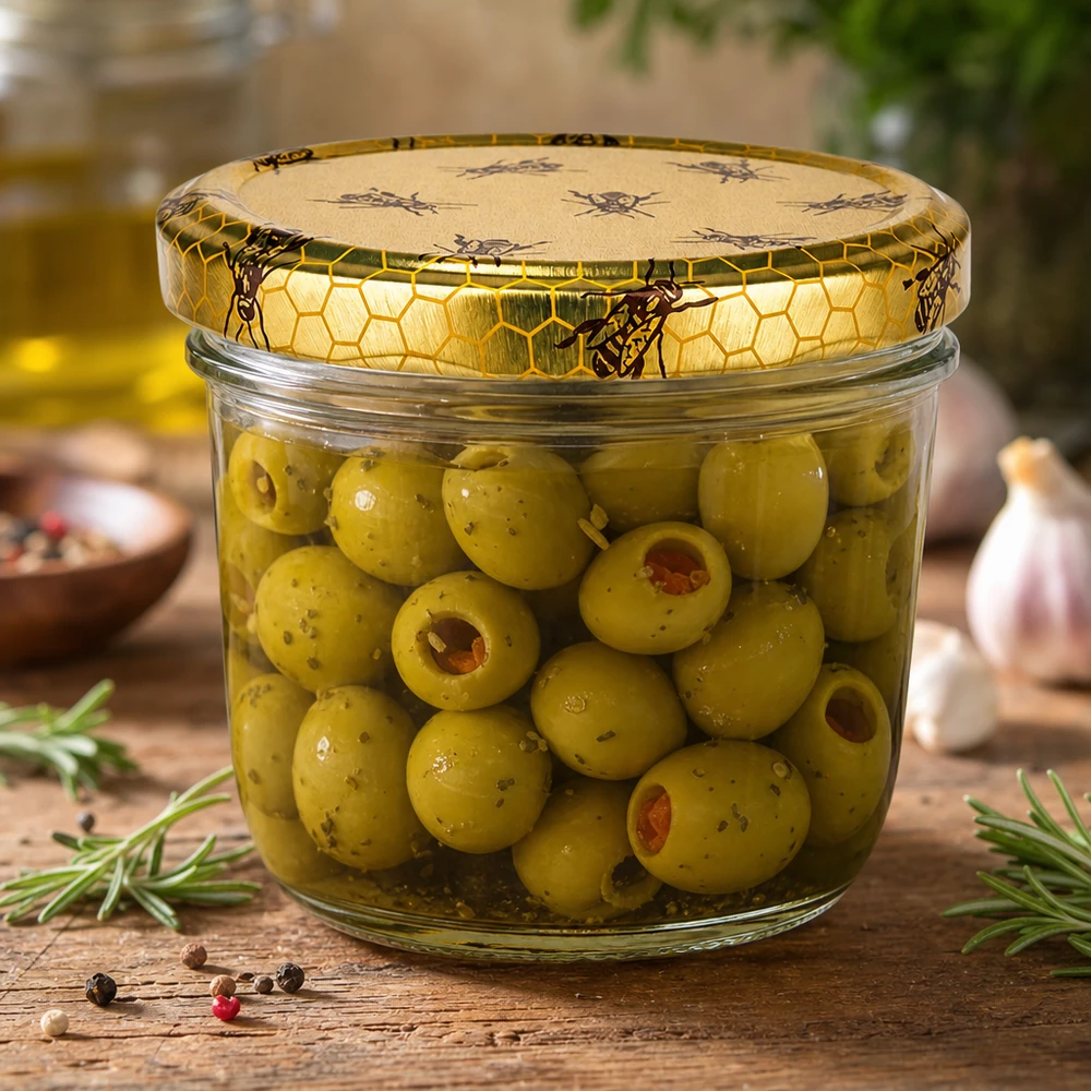 Sturzglas 230ml mit Bienenwaben-Deckel gefüllt mit grünen Oliven als Anwendungsbeispiel für Konservierung