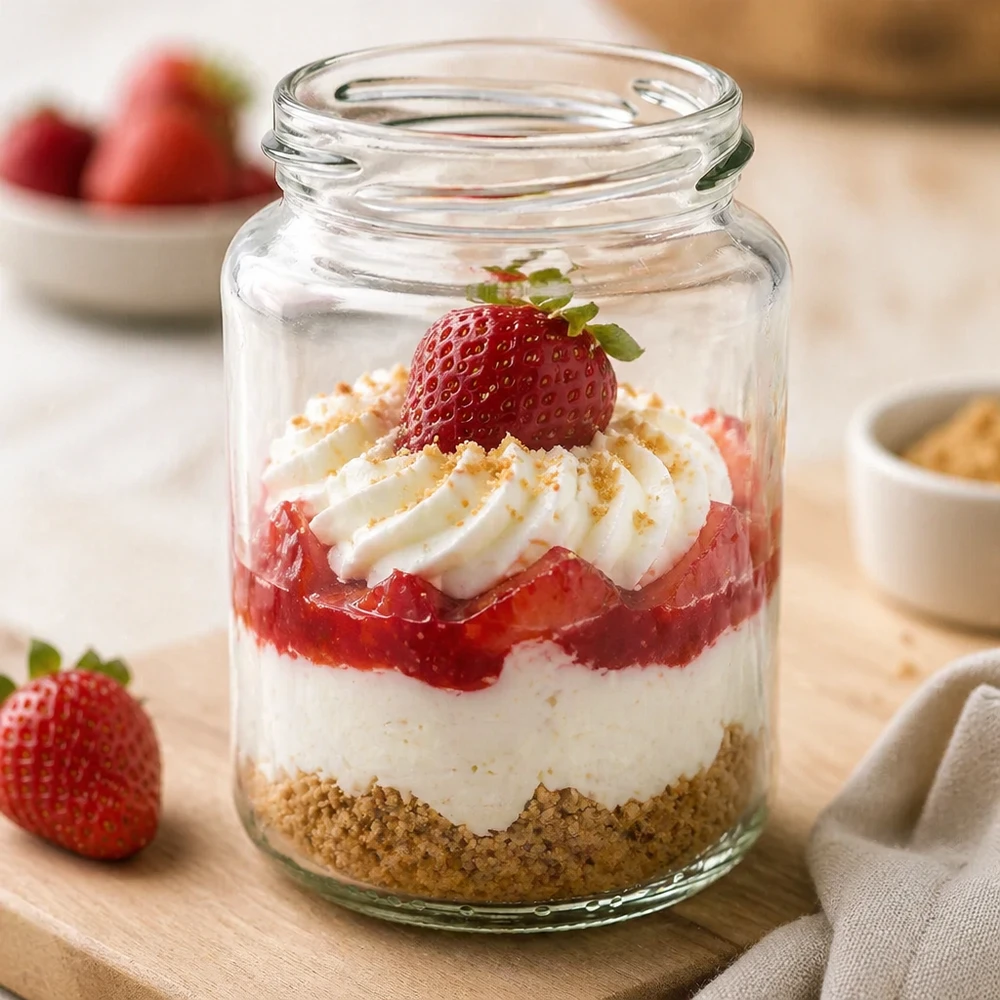 382ml Rundglas ohne Deckel (TO66) UNiTWIST UNiTWIST Runda382 Rundglas 382ml TO66 mit Erdbeer-Dessert Schichtdessert im Glas gefüllt mit Sahne und Früchten
