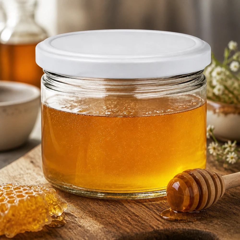 540ml Rundglas mit BasicSeal Deckel weiß UNiTWIST 540ml Rundglas BasicSeal weiß gefüllt mit goldenem Honig neben Bienenwabe - hochwertiges Glas für Imkerei-Produkte