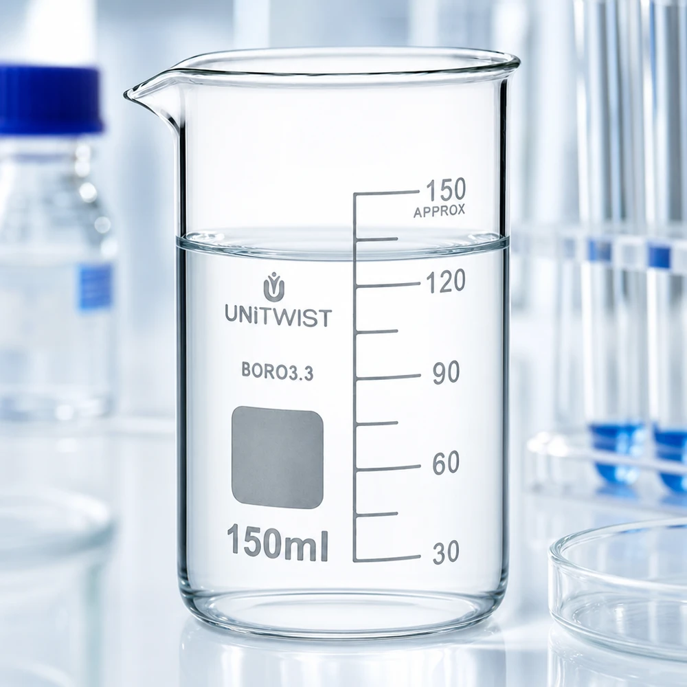 Becherglas 150ml Borosilikat, hohe Form UNiTWIST UNITWIST Laborglas 150ml hohe Form dünnwandiges Borosilikat mit Ausgussschnabel und Messskala
