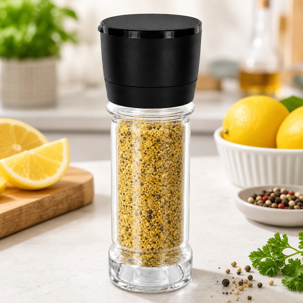 Salz-/Gewürzglas 100ml mit Mühle Vario schwarz Nachfüllbares Salz- und Gewürzglas 100ml mit Drehmühle Vario schwarz auf hellem Marmor