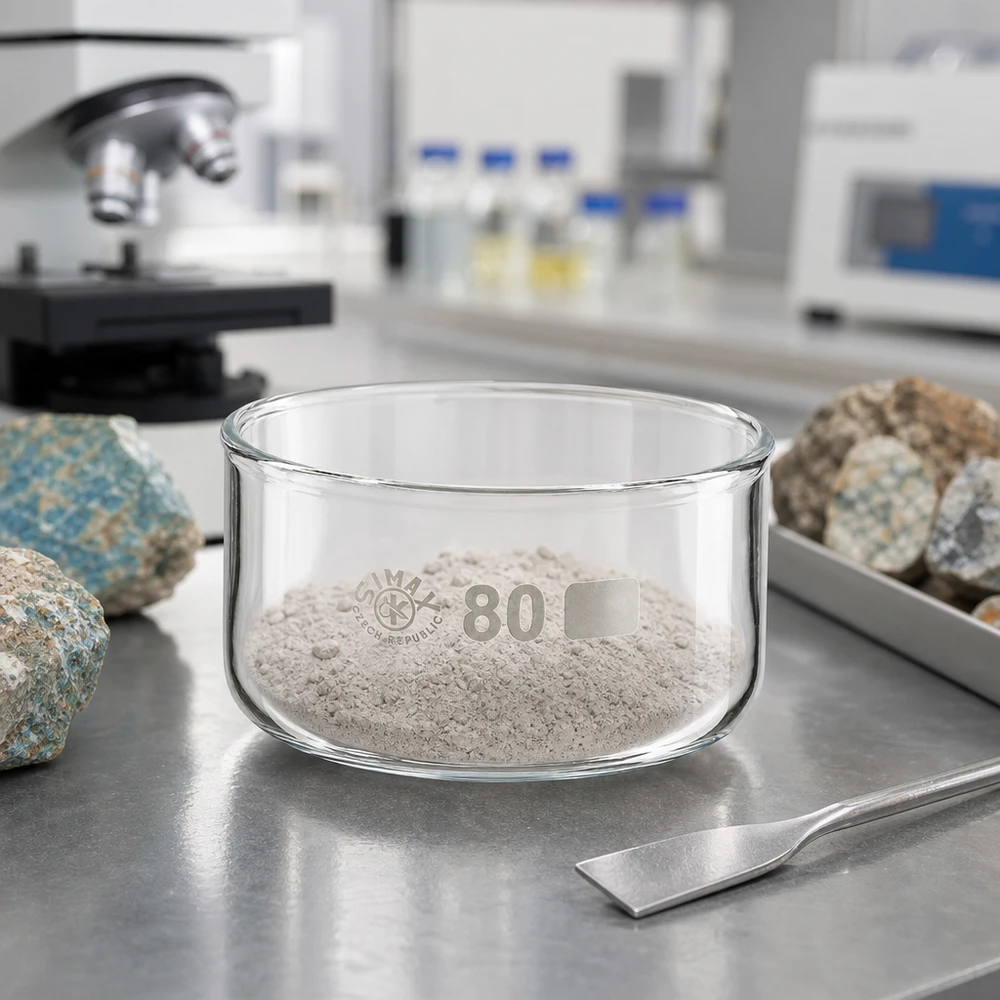 Mineralanalyse Labor Kristallisierschale 150ml SIMAX Czech Republic mit Probenpulver ø80mm