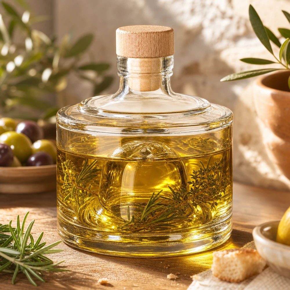 200ml Glasflasche Barbara mit Kräuteröl und Rosmarin-Zweigen stilvolle Küchenszene mediterrane Ölflasche Dekoration