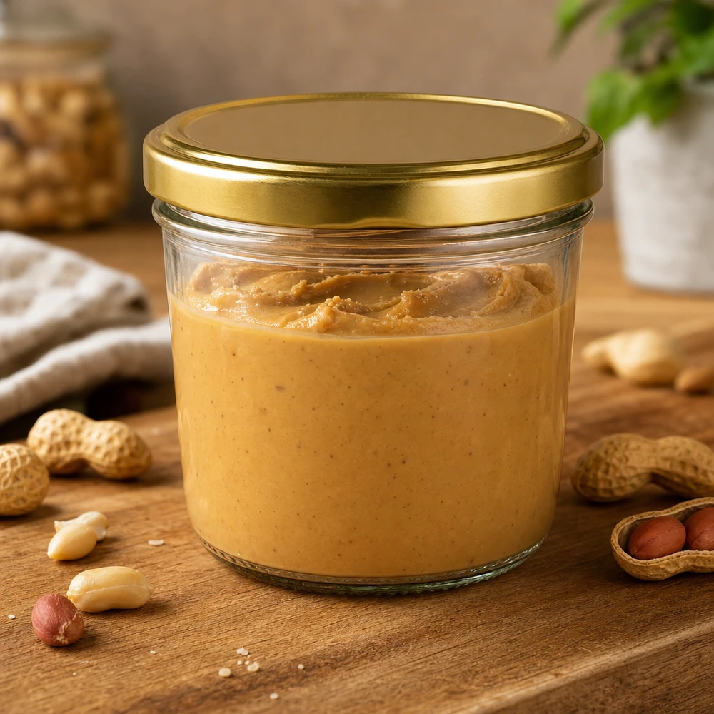 230ml Sturzglas mit goldenem BasicSeal Deckel gefüllt mit Erdnussbutter umgeben von Erdnüssen auf Holzbrett