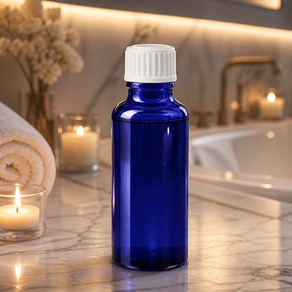 Kobaltblaue 30ml SV-Flasche aus Apothekenglas mit weißem Deckel in entspanntem Spa-Setting