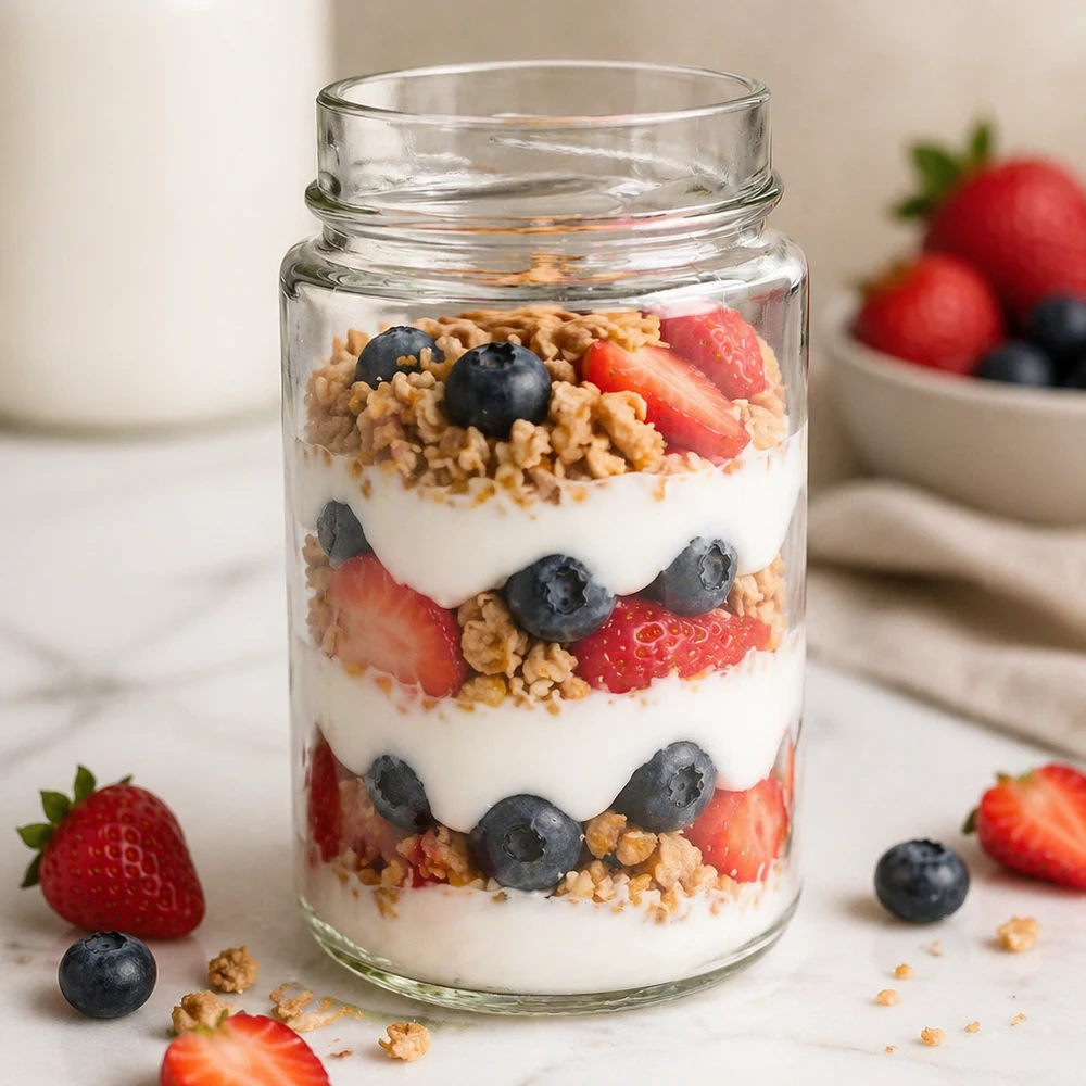 245ml Rundglas ohne Deckel (TO58deep) UNiTWIST UNiTWIST Runda245 Rundglas 245ml mit Joghurt Müsli Erdbeeren Blaubeeren geschichtet TO58deep Deckel Glas Vorratsdose