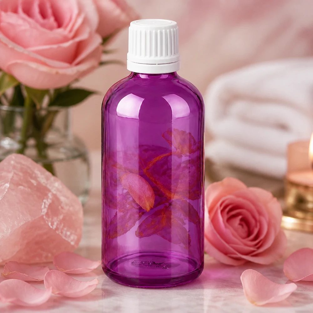 Robuste violette 100ml Glasflasche mit auslaufsicherem weissen Verschluss für sichere Aufbewahrung