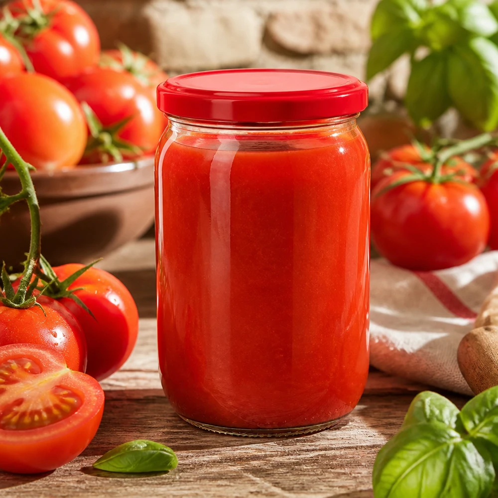 Befülltes 555ml Rundglas UNiTWIST roter BasicSeal Deckel ideal zum Konservieren von Tomatengerichten