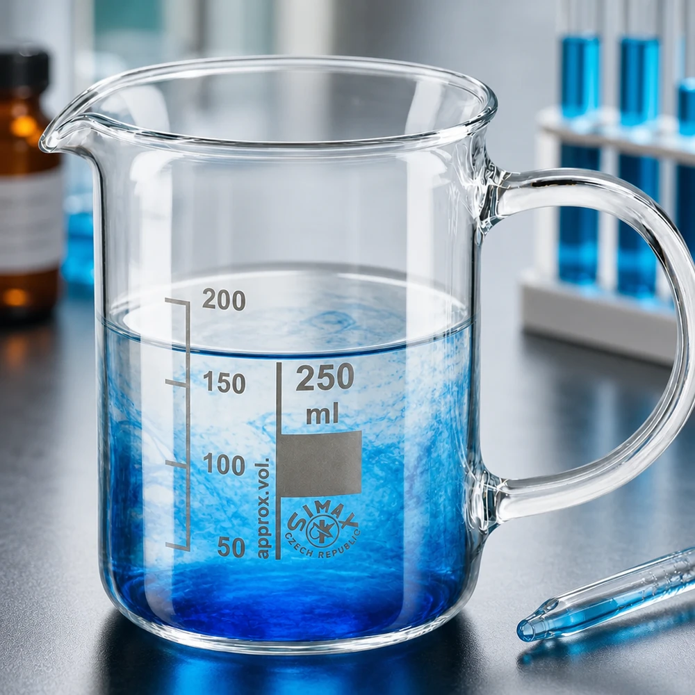 Becherglas 250ml Borosilikatglas, mit Henkel Chemieglas 250ml mit Henkel und Volumenskala gefüllt mit blauer Kupfersulfatlösung