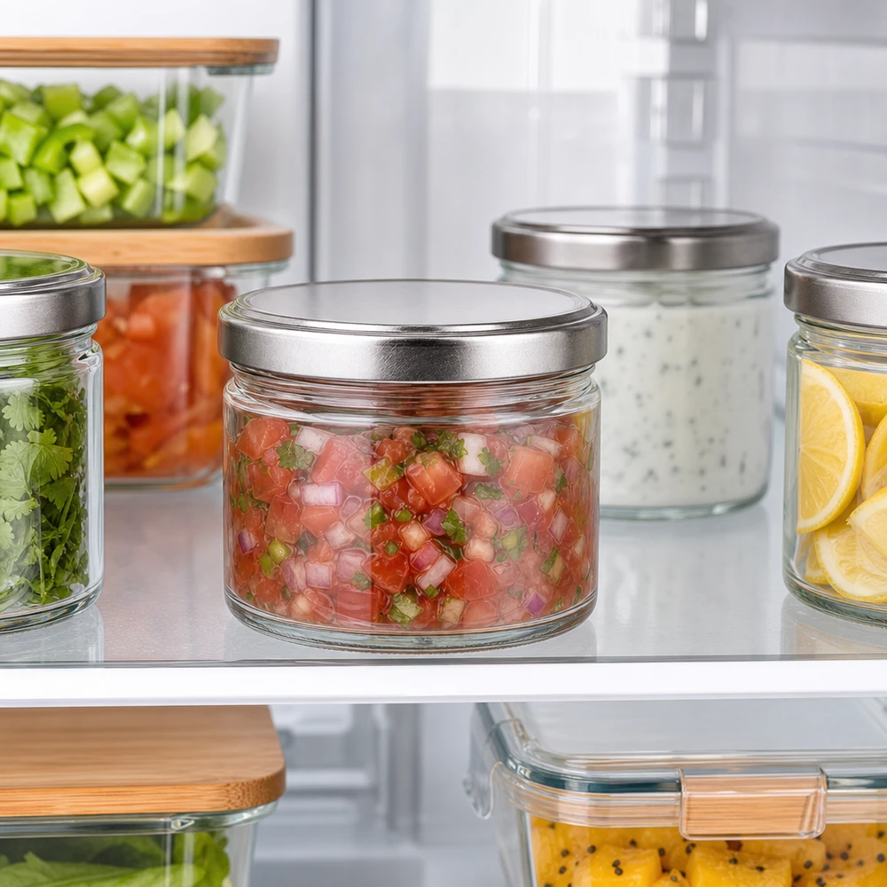 540ml Rundglas + BasicSeal Deckel silber matt UNiTWIST 540ml Rundgläser mit silbernen Deckeln im Kühlschrank, Meal Prep Container für Salsa und vorgeschnittenes Gemüse