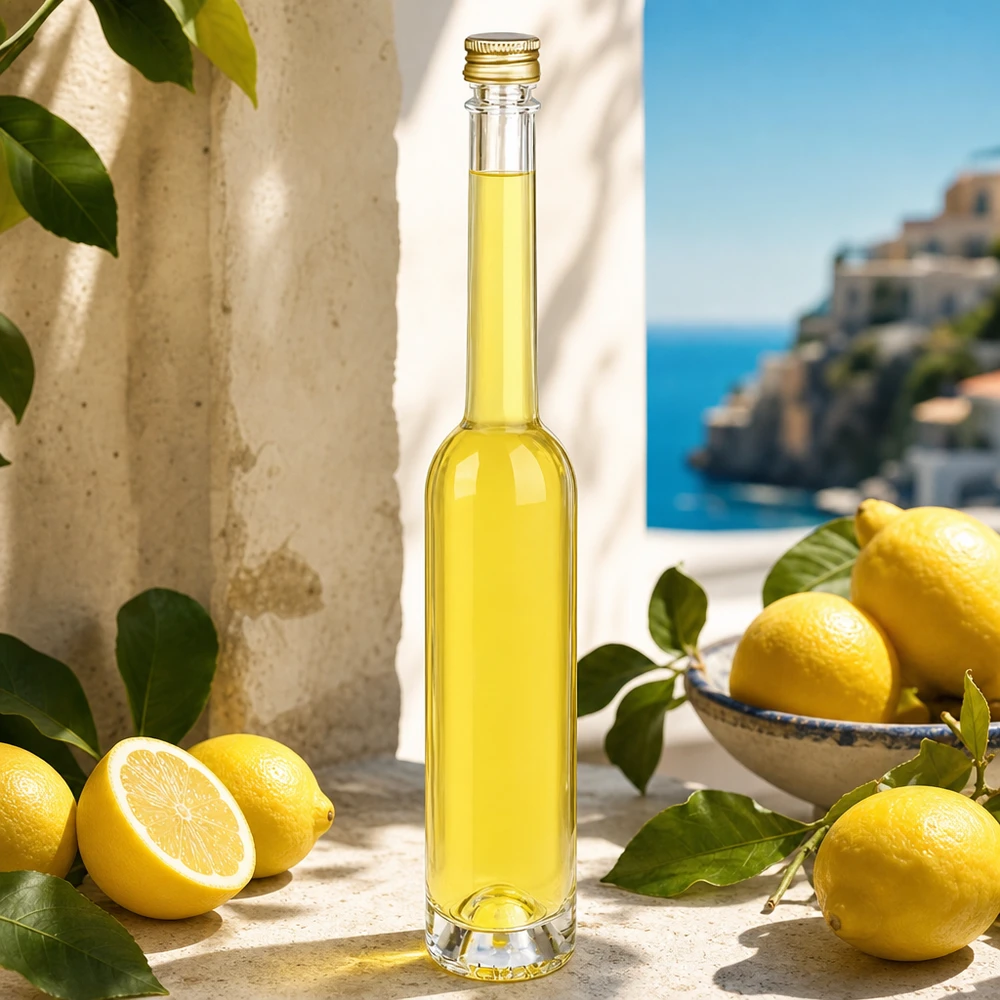 100ml Glasflasche "Toni" mit Schraubverschluss gold UNiTWIST 100ml Glasflasche Toni mit Zitronenlikör befüllt - UNiTWIST Goldverschluss in mediterraner Kulisse mit Zitronen