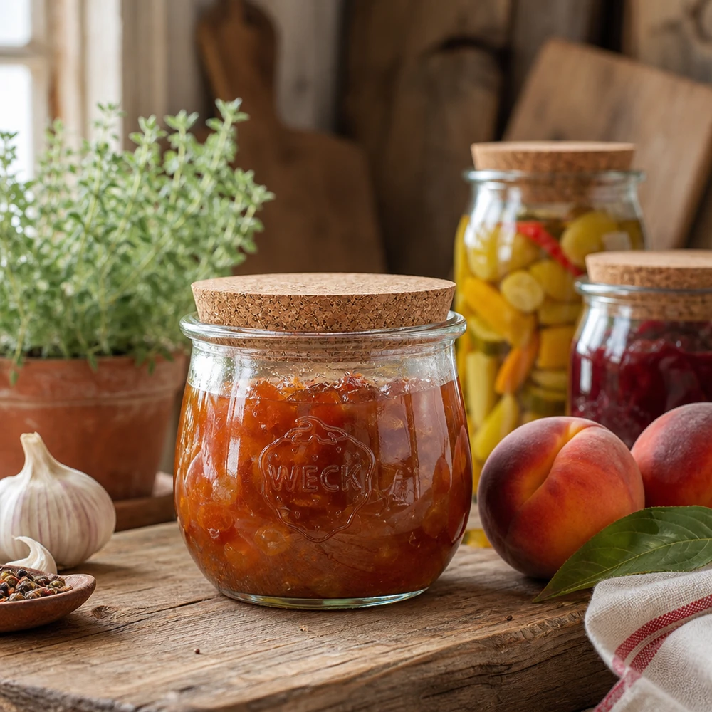 370ml Tulpenglas WECK RR80 mit Korken natur WECK Einmachglas 370ml mit Korkdeckel gefüllt mit Marmelade in rustikaler Küche neben frischen Pfirsichen